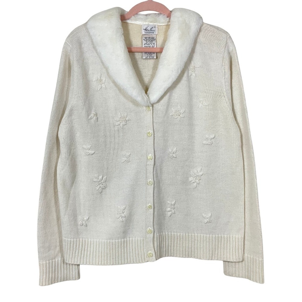 Vintage Kathie Lee Cardigan Womens Large Cream Faux Fur Collar Christmas Sweater